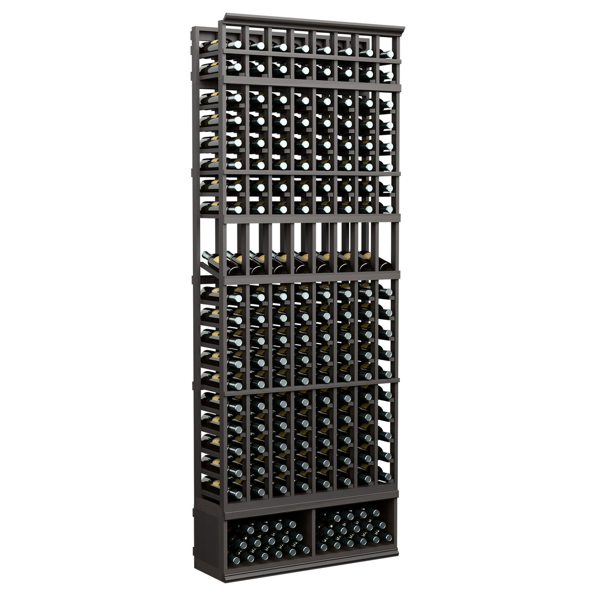 8-column wine bottle display rack with dark wood frame and clear bottle openings