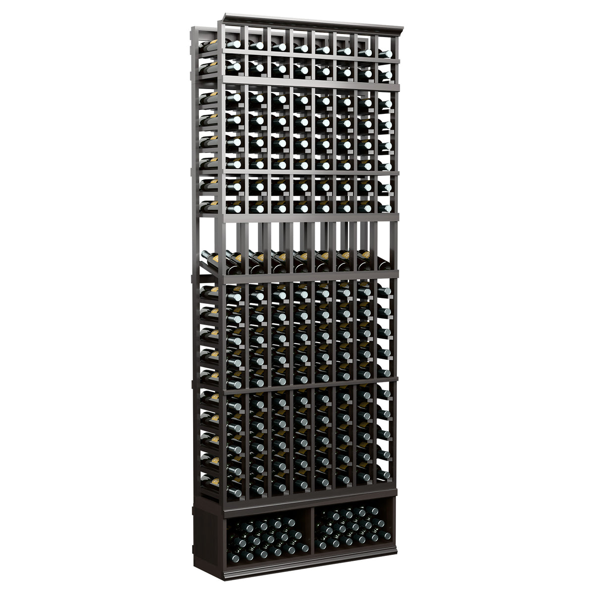 8-column wine bottle display rack with dark wood frame and stacked bottle holder rows