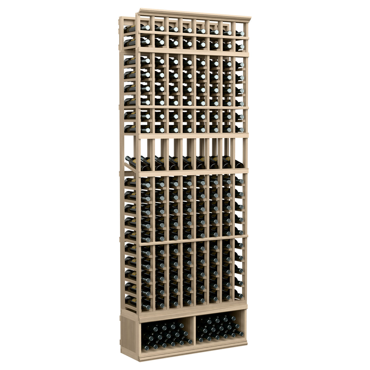Light grey 8-column wine bottle display rack with open square bottle slots