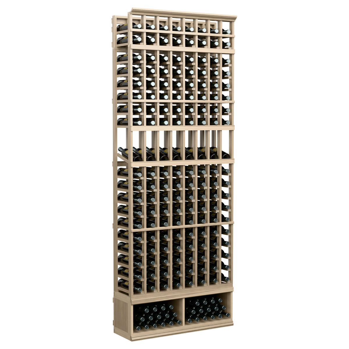 Pale wood 8-column wine bottle display rack with multiple bottle openings