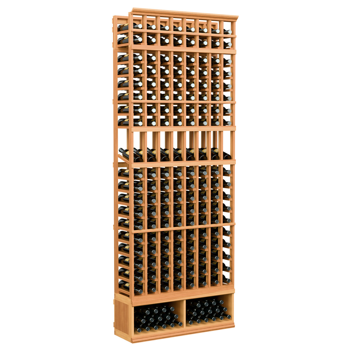 Warm reddish wood 8-column wine bottle display rack with open bottle cubbies