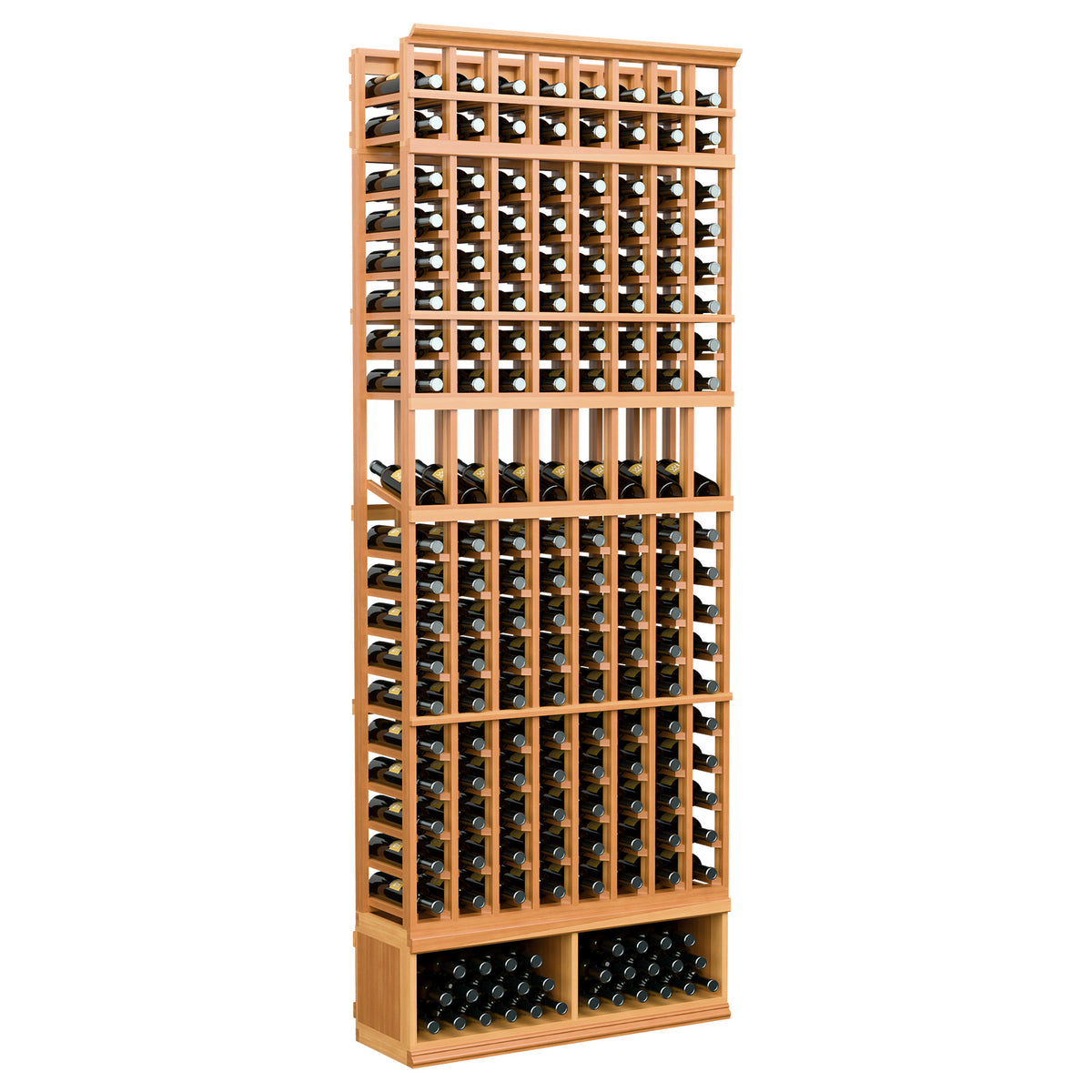 Light amber wood 8-column wine bottle display rack with grid bottle holders