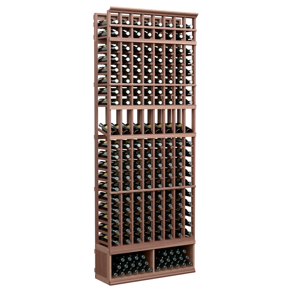 Dark walnut 8-column wine bottle display rack with open bottle cubbies