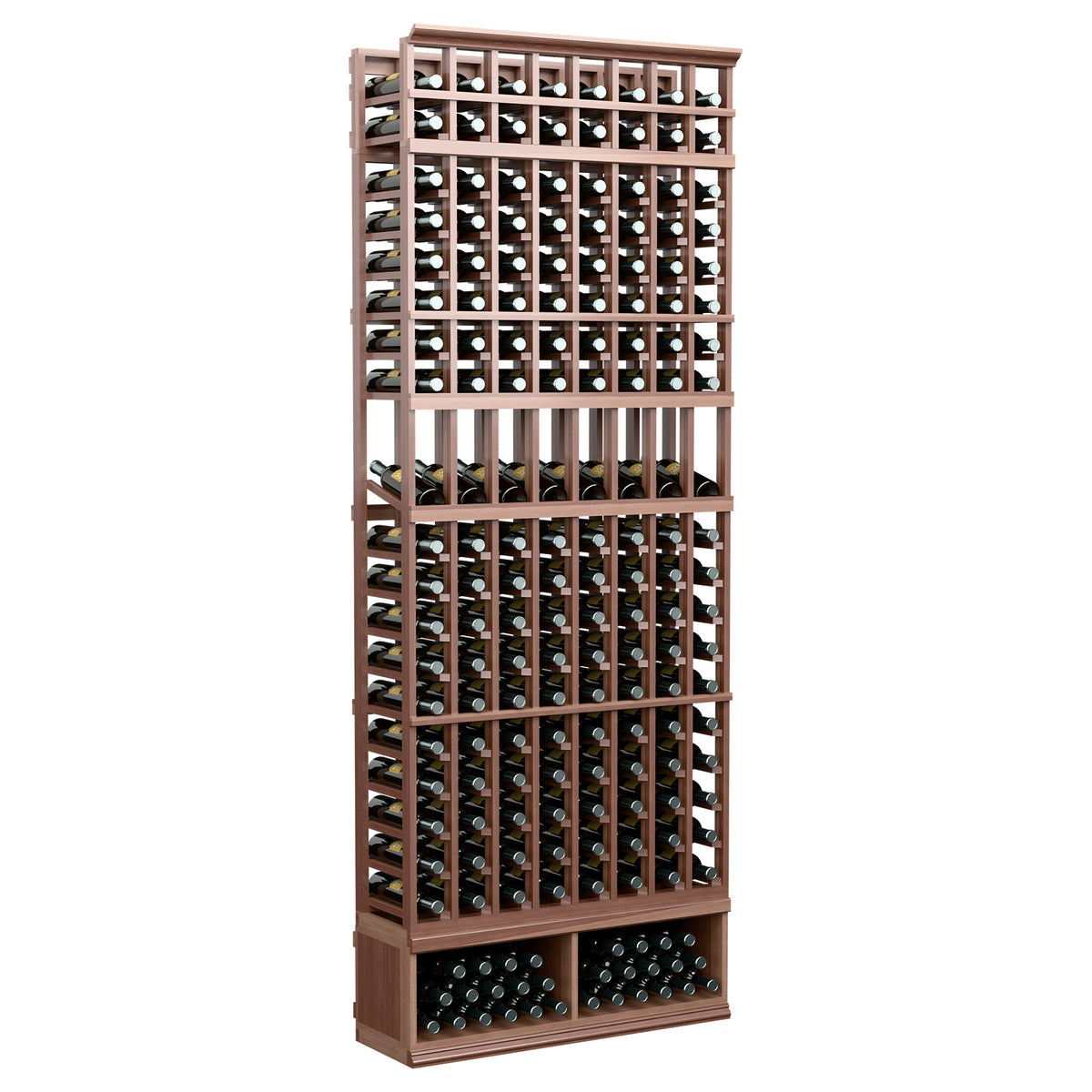 Medium dark wood 8-column wine bottle display rack with front bottle compartment