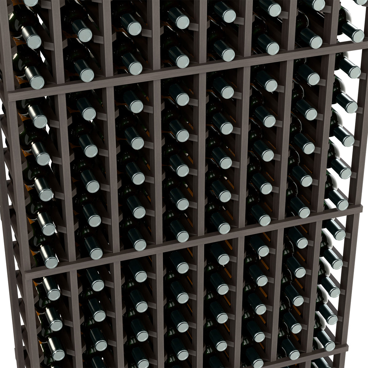 Close-up of a dark 8-column wine bottle rack showing bottle necks and caps