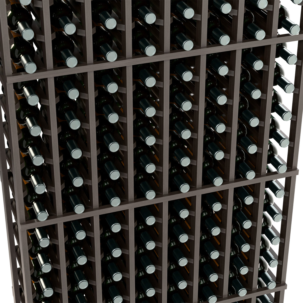 Close-up of dark wine rack cells holding multiple bottles with silver caps