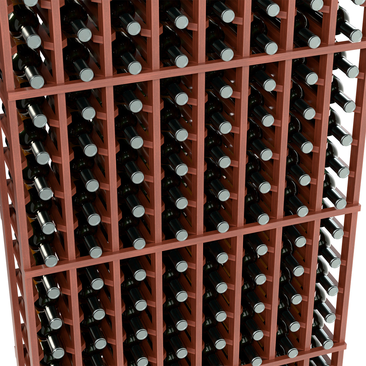 Close-up of medium brown wine rack showing multiple bottles in vertical rows