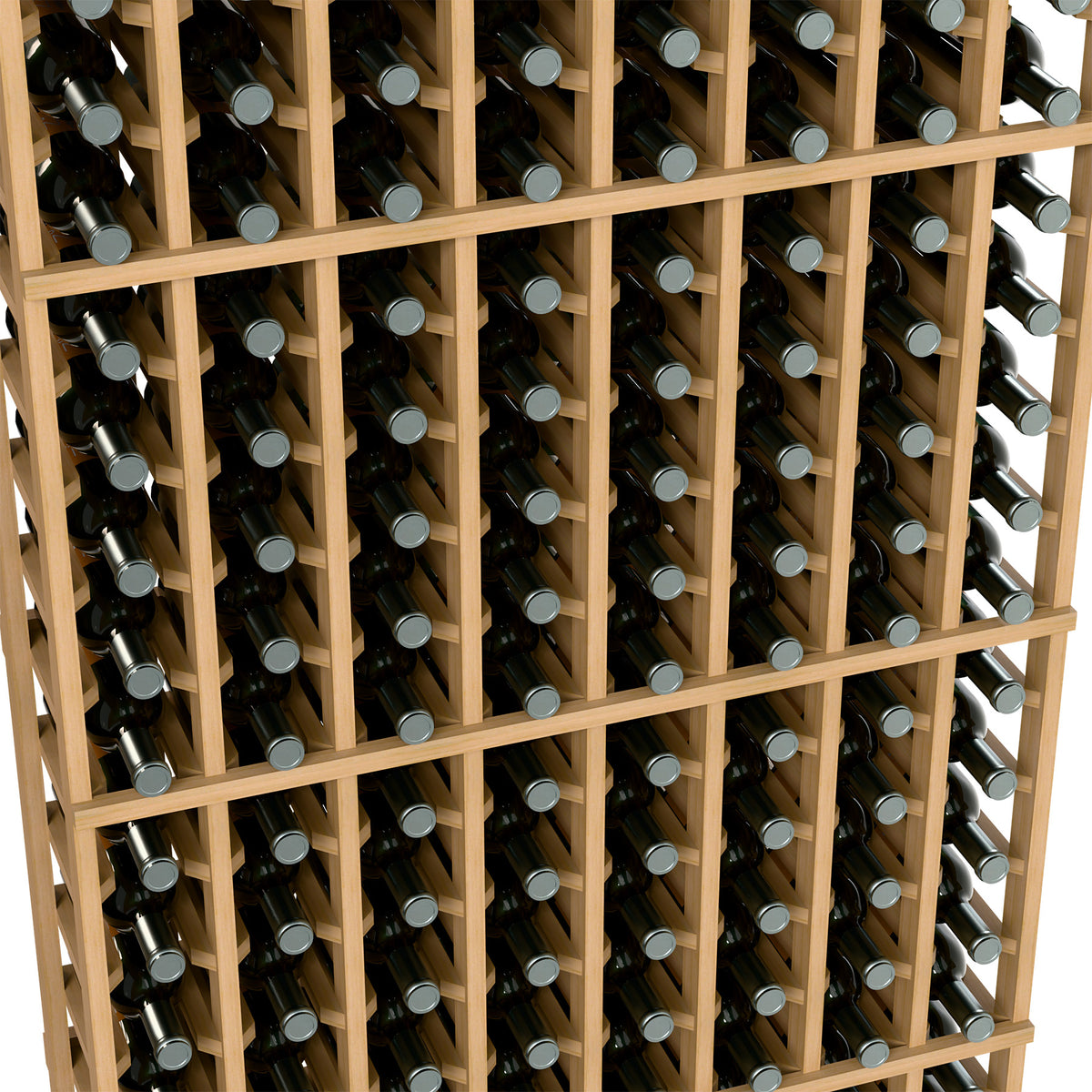Close-up of a light wood 8-column wine bottle rack with silver-capped bottles