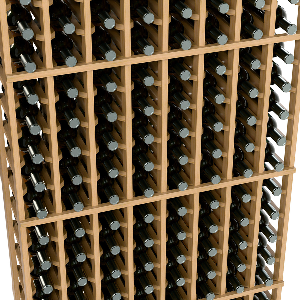 Close-up of wine bottle rack grid with dark bottles in light wood cubby cells