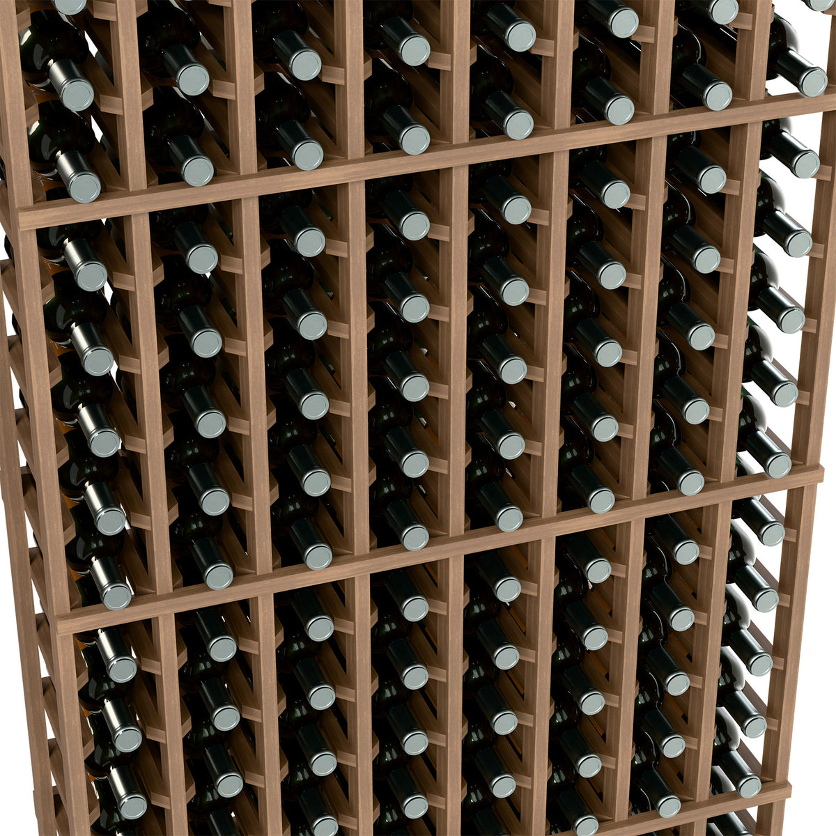 Wine bottle rack detail showing dark bottles secured in light wood grid shelves