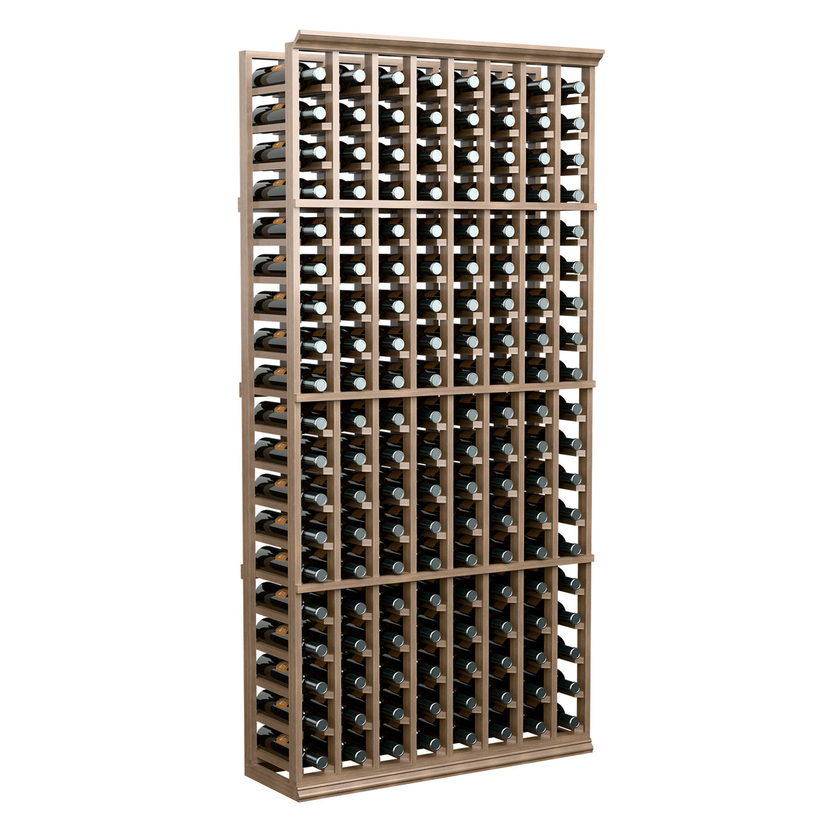 8-column 6ft wine bottle rack with light wood posts and bottle storage compartments