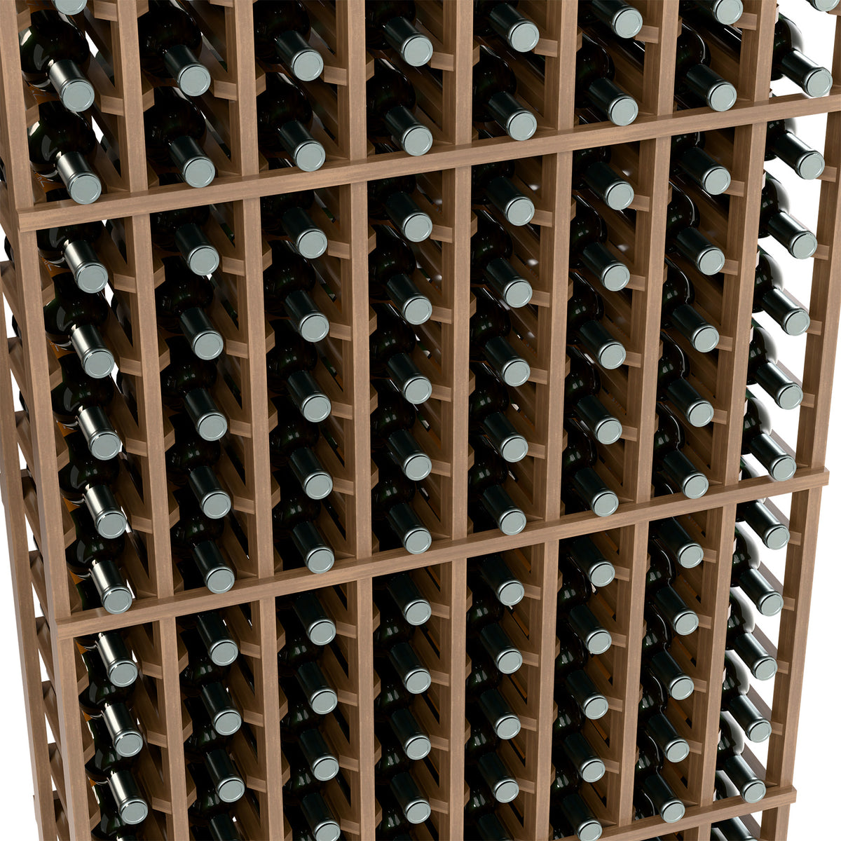 Close-up of filled wine rack cells with dark bottles and light wood lattice frame