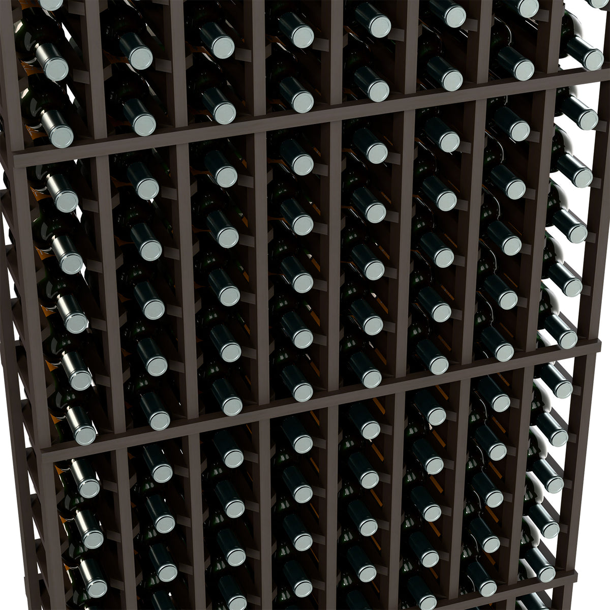 Close-up of dark-framed wine bottle rack with dark bottles in grid compartments