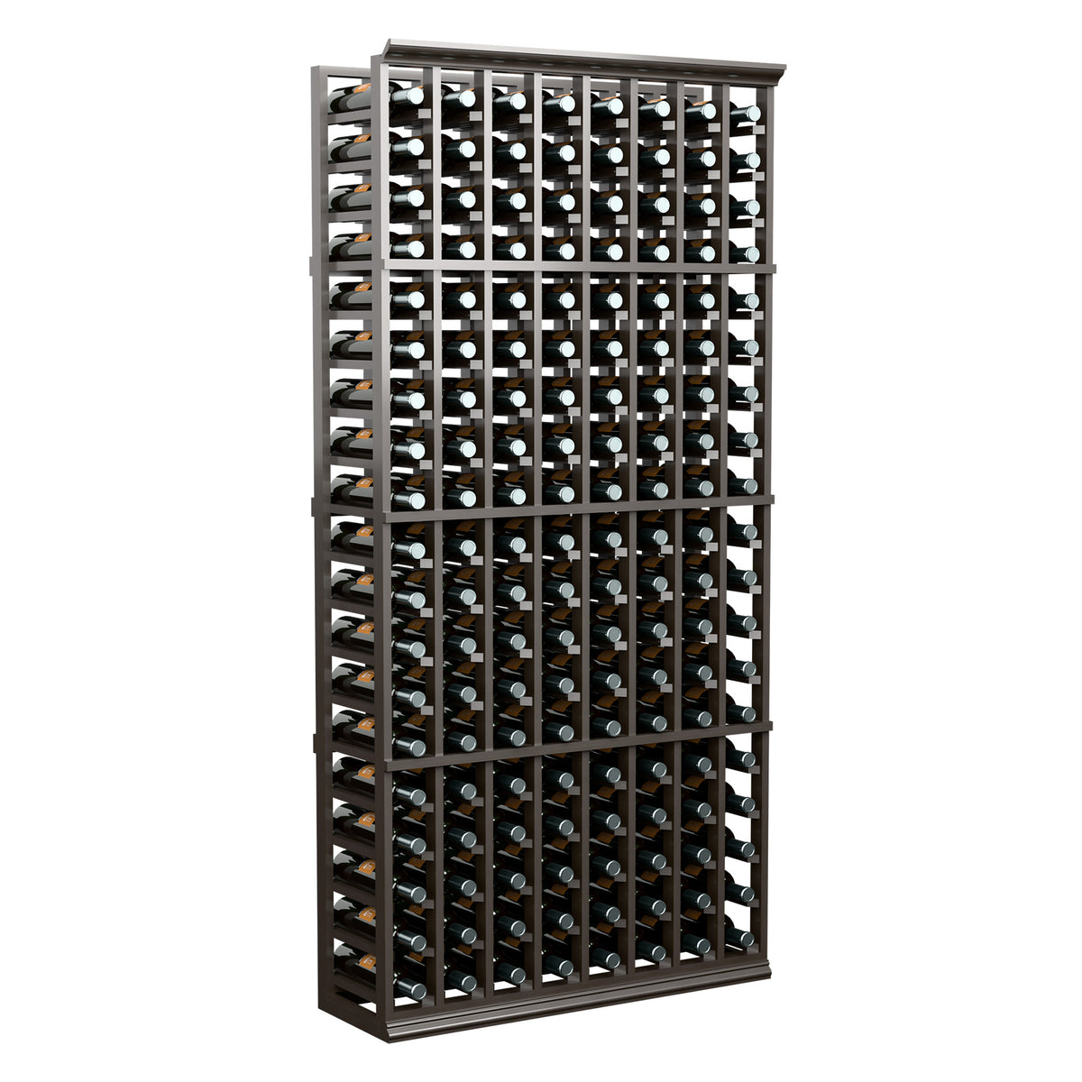 6ft 8-column wine bottle rack with dark frame and rows of capped bottles