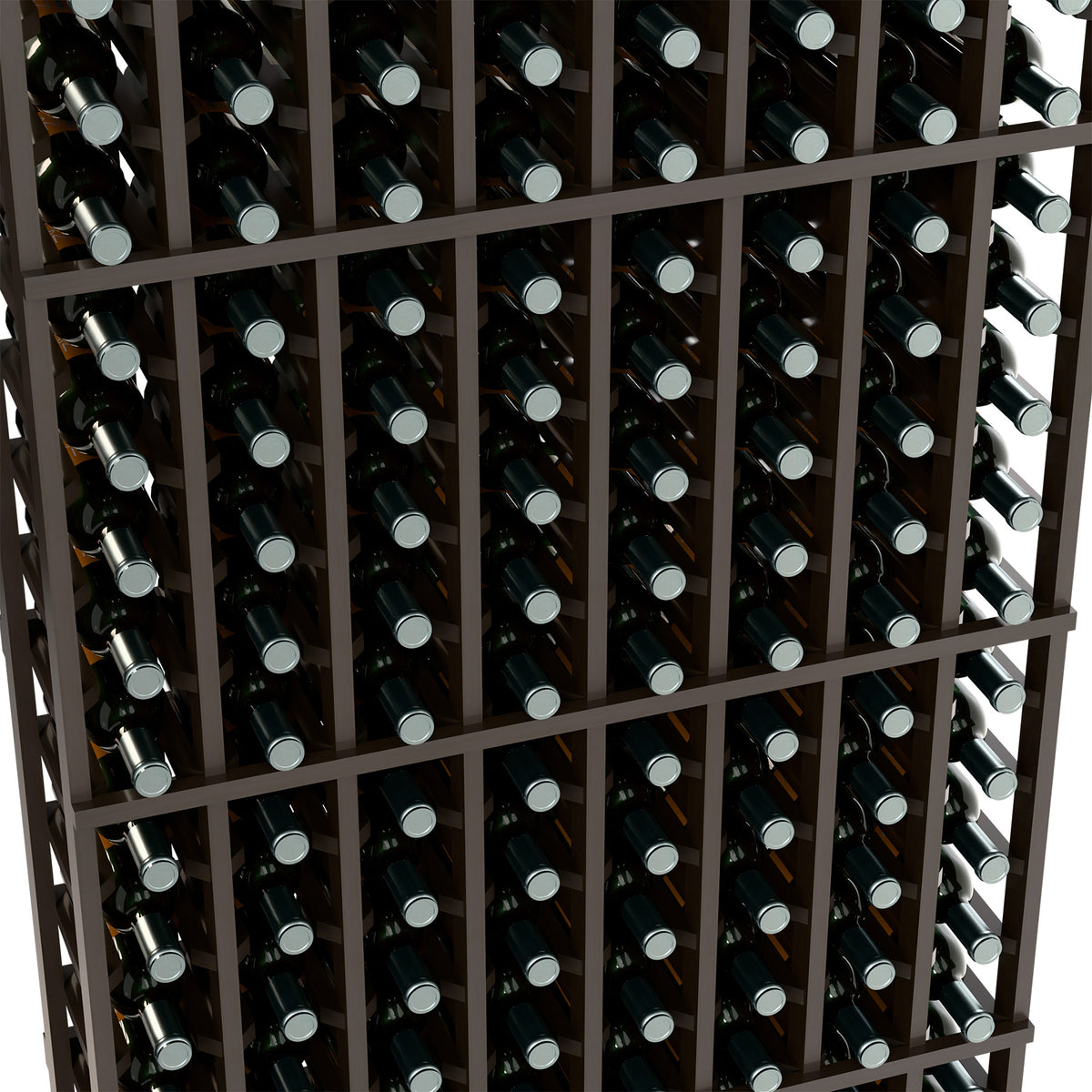 Detail of wine bottle rack cells with dark bottles and dark wood grid frame