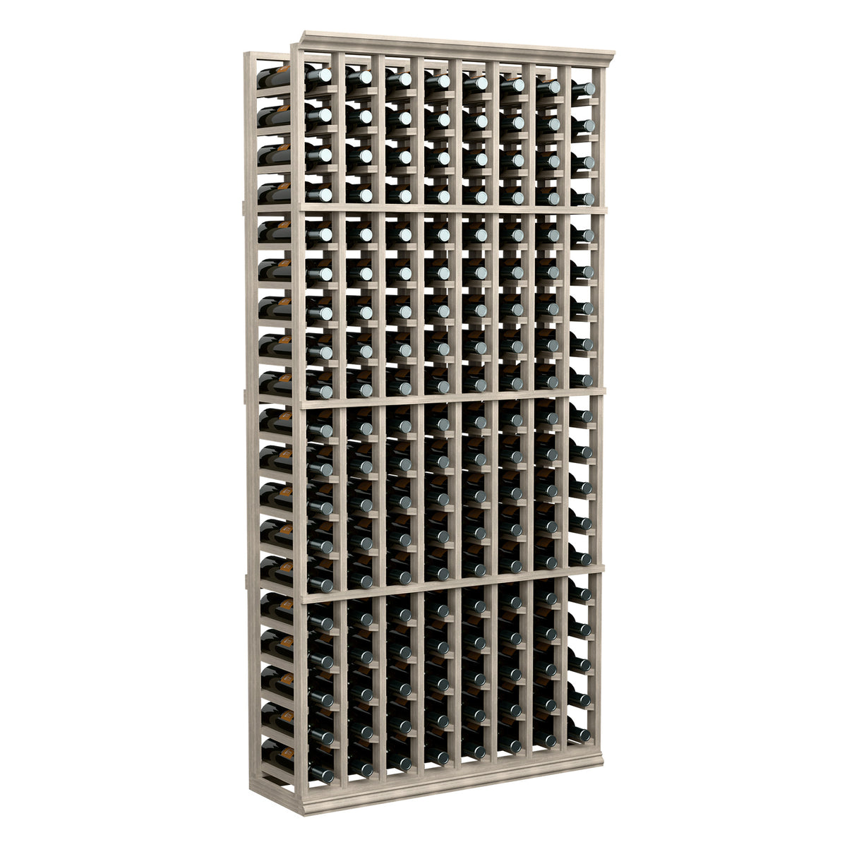 8-column wine rack with light wood frame and dark wine bottles, front view