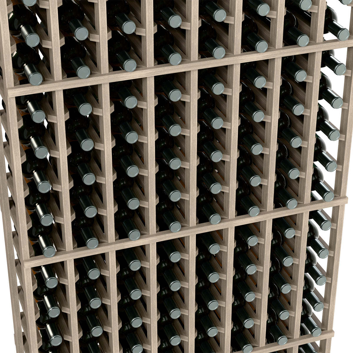 Close view of 8-column wine rack showing light wood slots with dark bottles