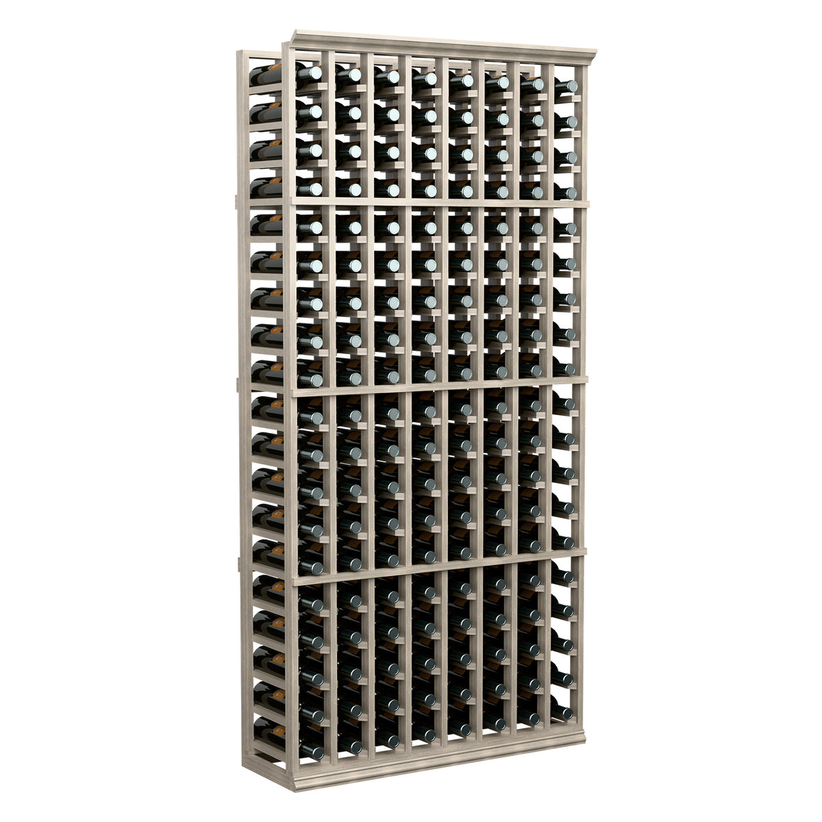 8-column wine rack with light wood frame and dark wine bottles, front view