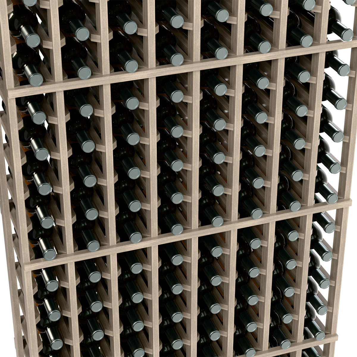 Close view of 8-column wine rack with light wood dividers and dark bottles