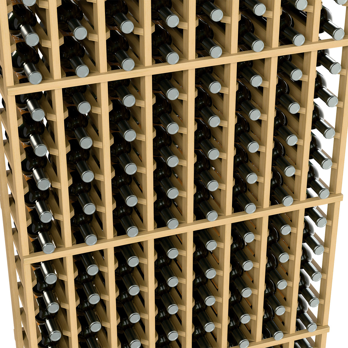 Close view of 8-column wine rack showing tan slots with dark bottles