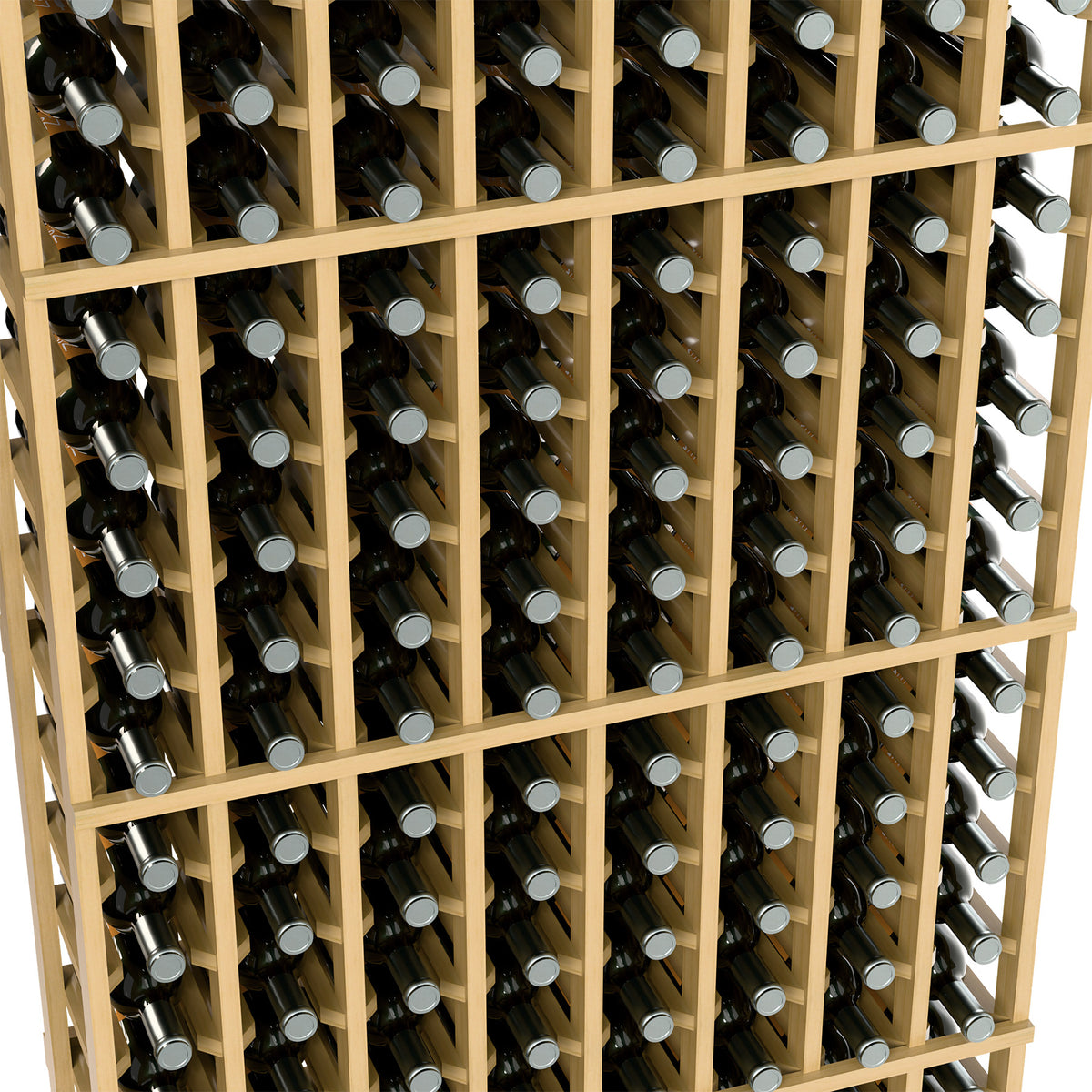 Close view of 8-column wine rack with tan dividers and dark bottles