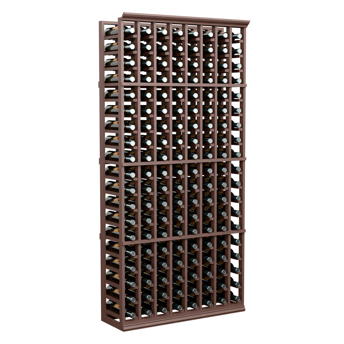 8-column wine rack with dark wood frame and dark wine bottles, front view