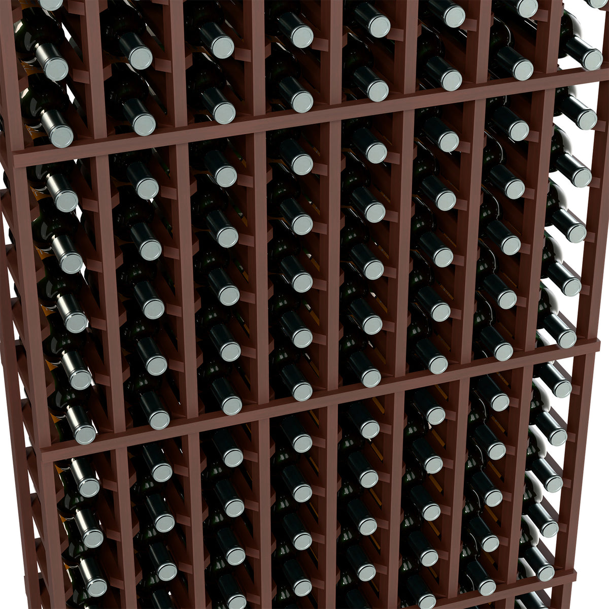 Close view of 8-column wine rack showing dark wood slots with dark bottles