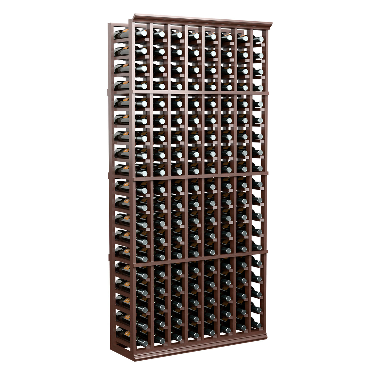 Dark brown 8-column wine bottle rack, 6-ft tall wooden frame with bottle slots