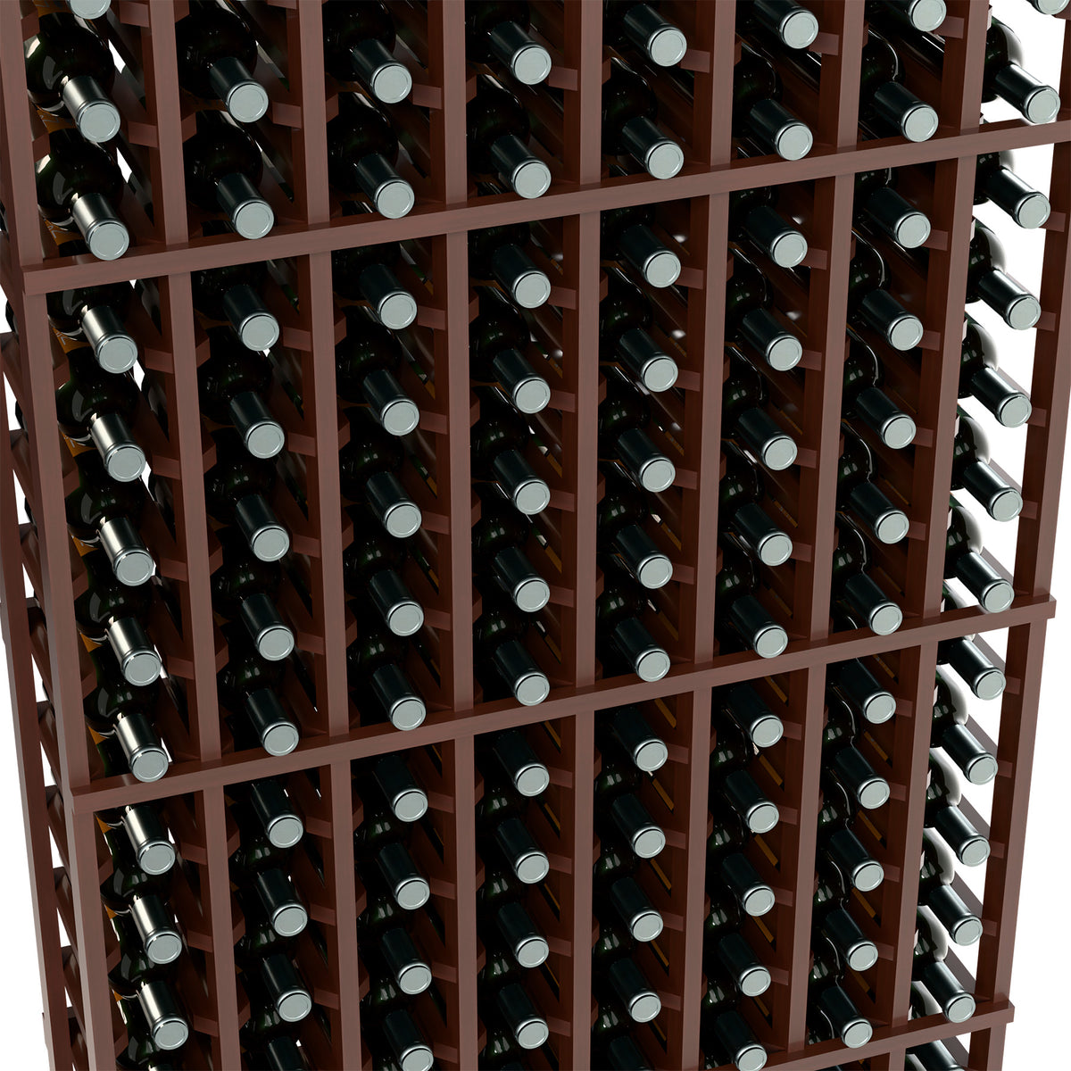 Dark brown wooden 8-column wine rack close-up, bottle slots and grid dividers