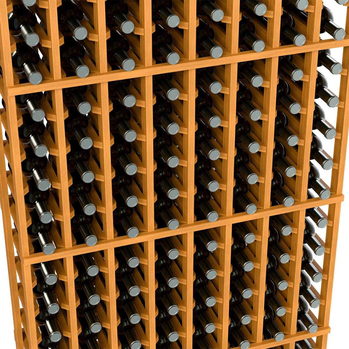 Natural wood 8-column wine rack close-up, bottle slots with grid dividers
