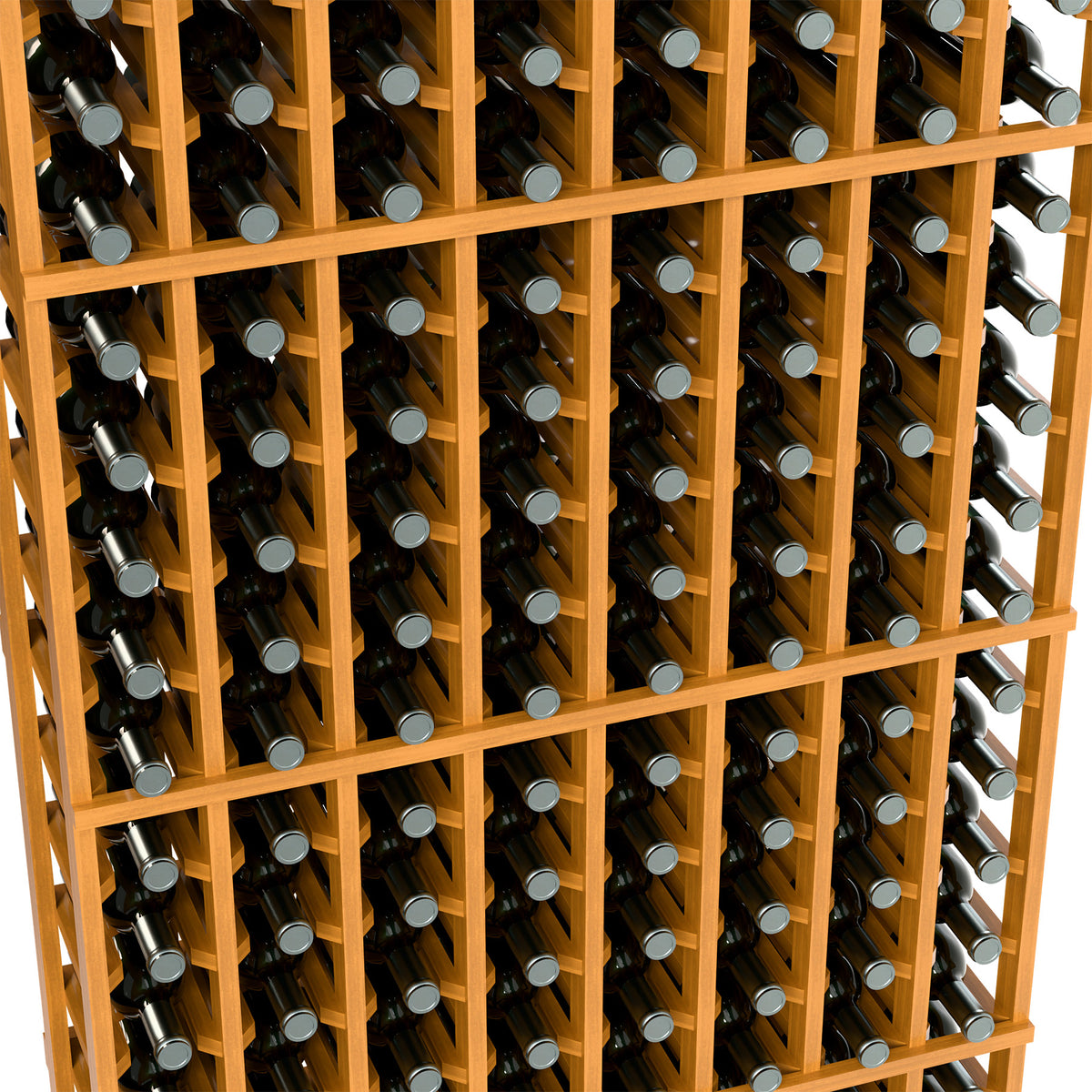 Natural wood 8-column wine rack close-up, bottle slots and supporting rails