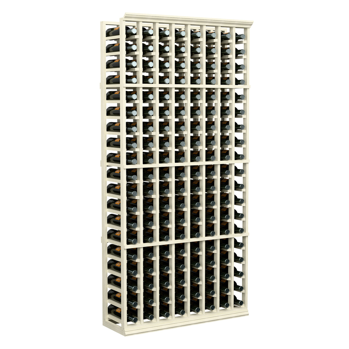 Whitewashed wood 8-column wine bottle rack, 6-ft tall, bottle slot grid