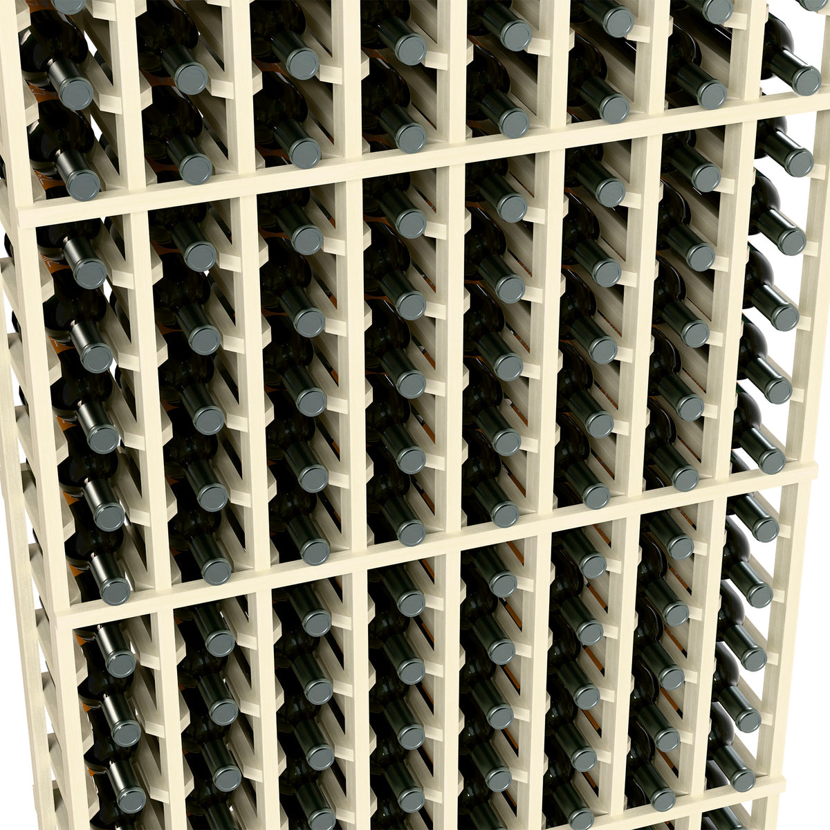 Whitewashed wooden 8-column wine rack close-up, bottle slots and dividers