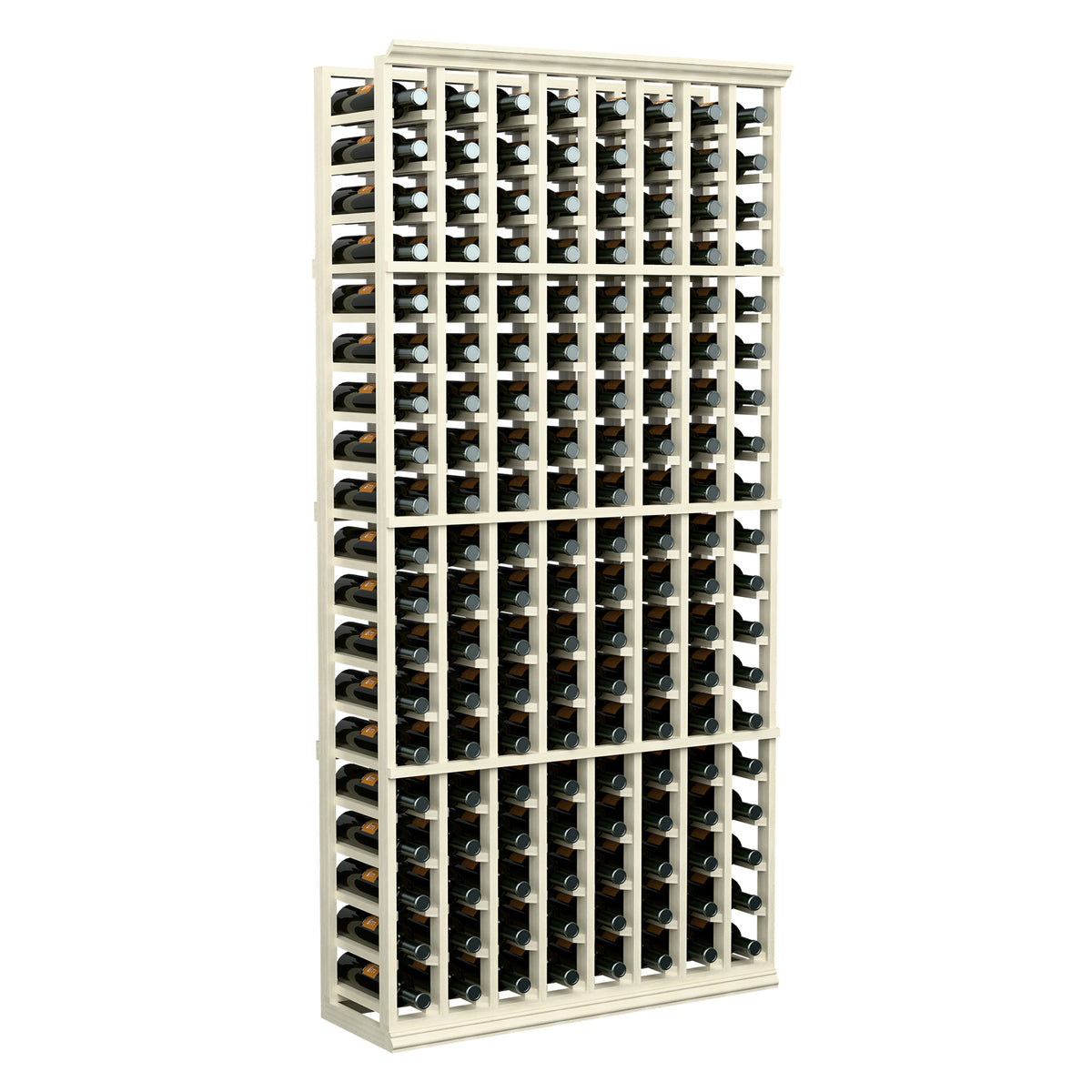 Whitewashed 8-column wine bottle rack, 6-ft tall wooden frame with bottle slots