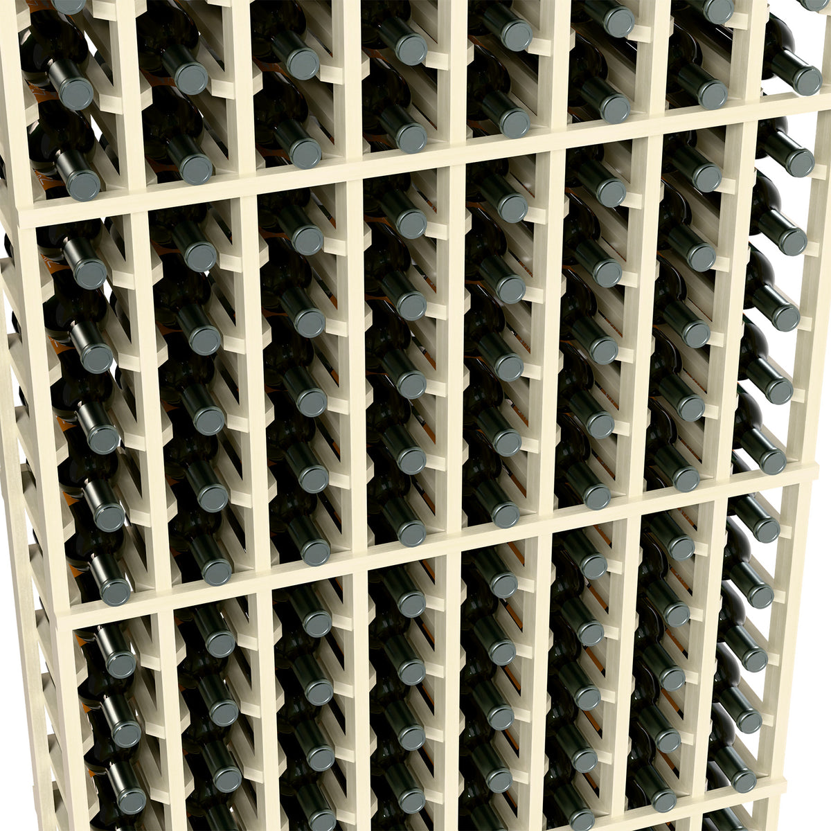Whitewashed wood 8-column wine rack close-up, bottle slots and grid supports
