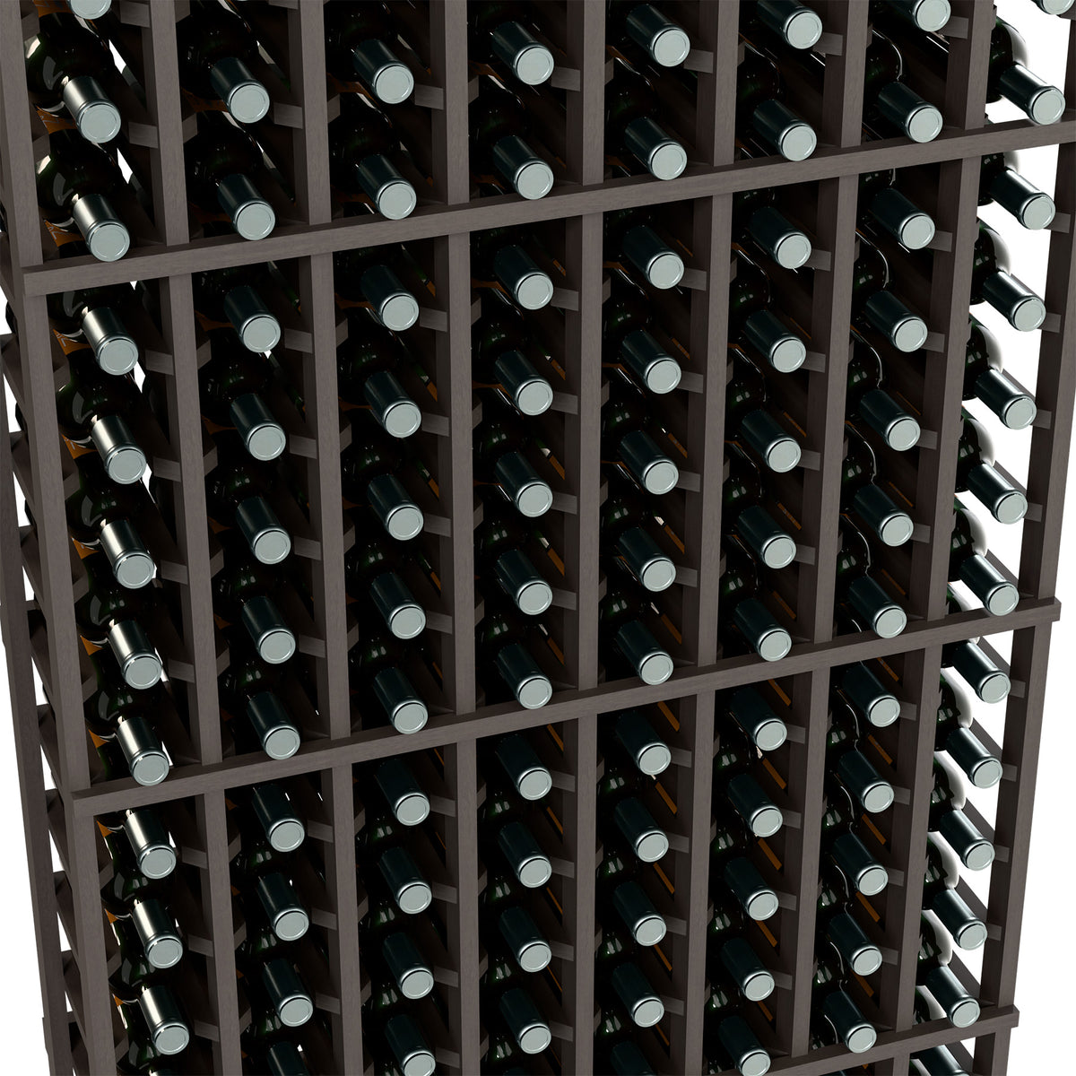 Wine bottle rack close-up with dark frame and rows of bottles with metal caps
