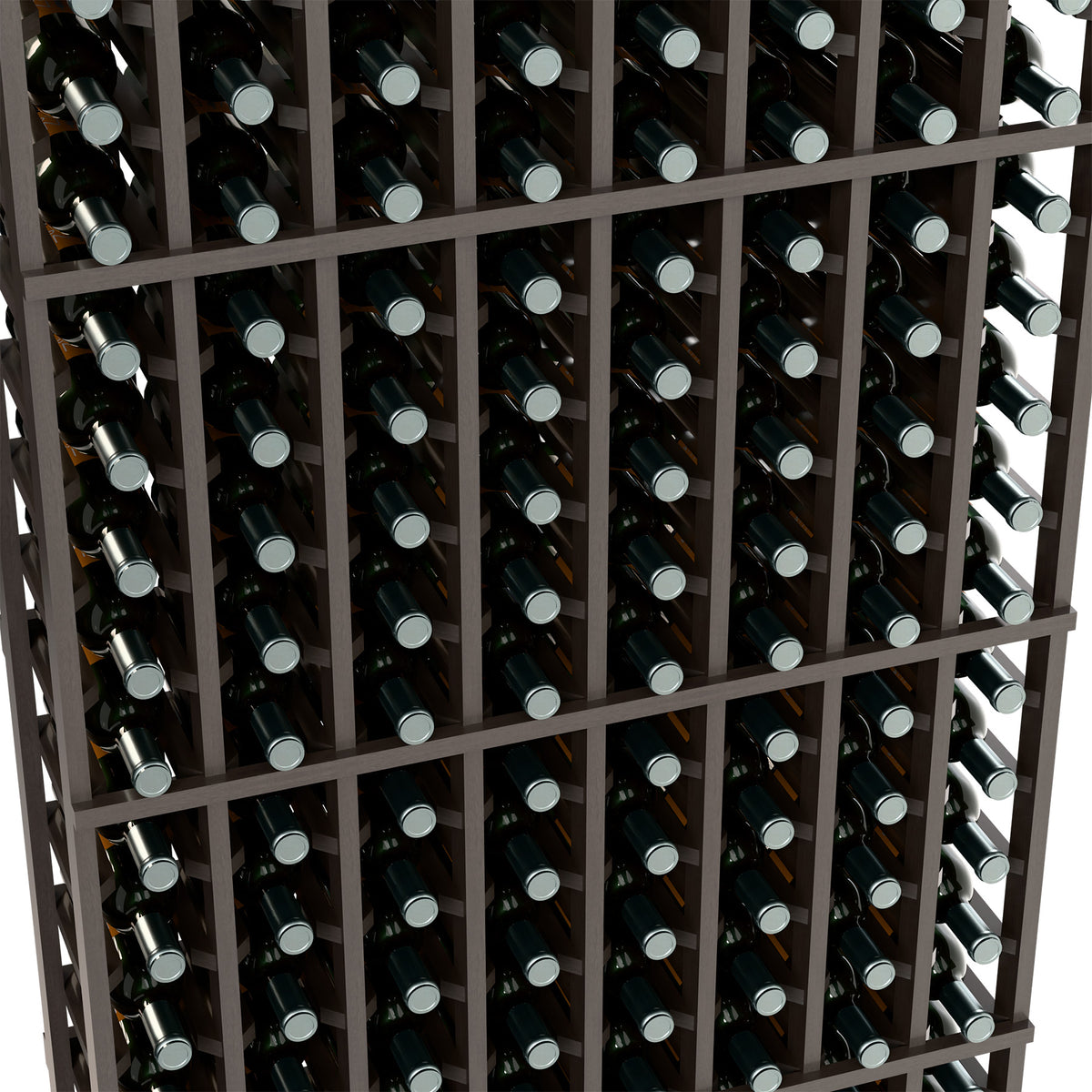 Close-up of wine bottle rack grid with dark gray frame and bottle neck openings
