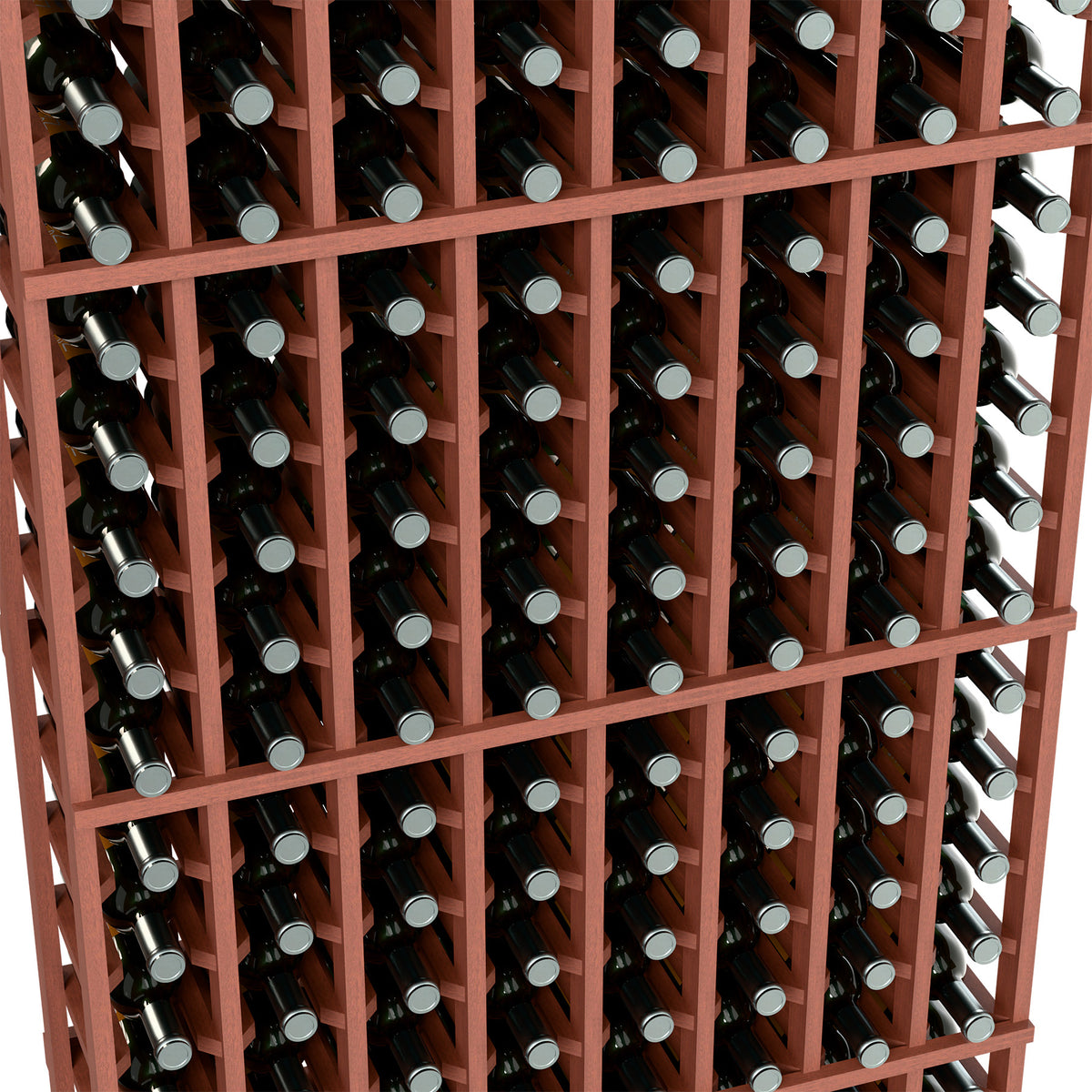 Wine bottle rack close-up with reddish-brown frame and tightly packed bottle slots