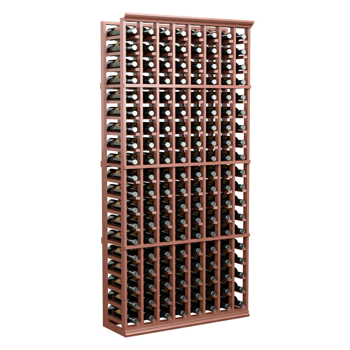 6 ft tall 8-column wine bottle rack with reddish-brown frame and front bottle storage