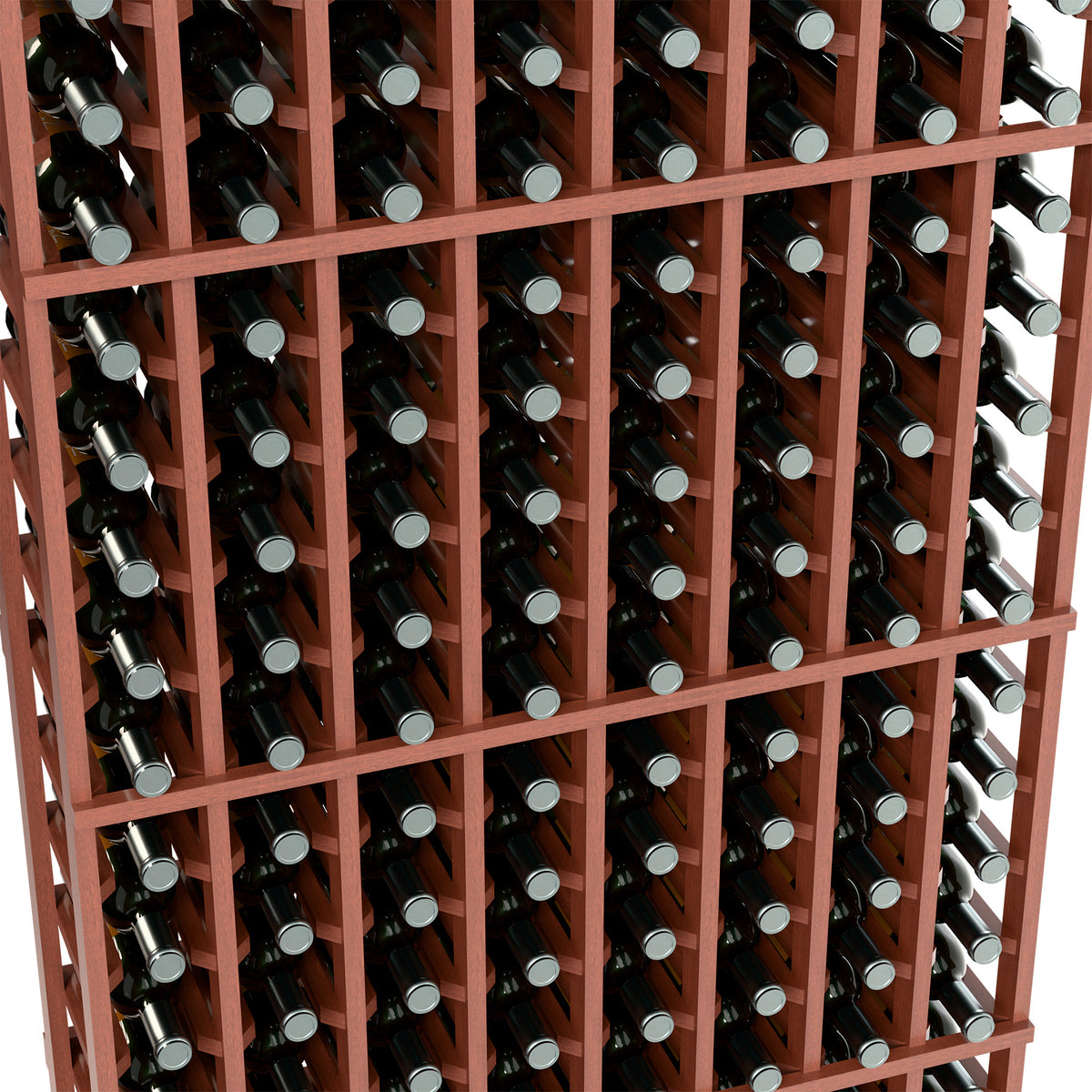 Close-up of wine bottle rack with reddish-brown grid and rows of bottle necks