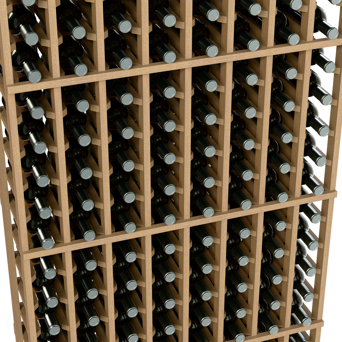 Wine bottle rack close-up with light wood frame and rows of bottles in grid