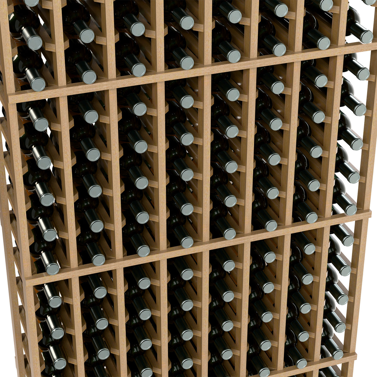 Light wood wine bottle rack close-up showing bottle necks in grid slots