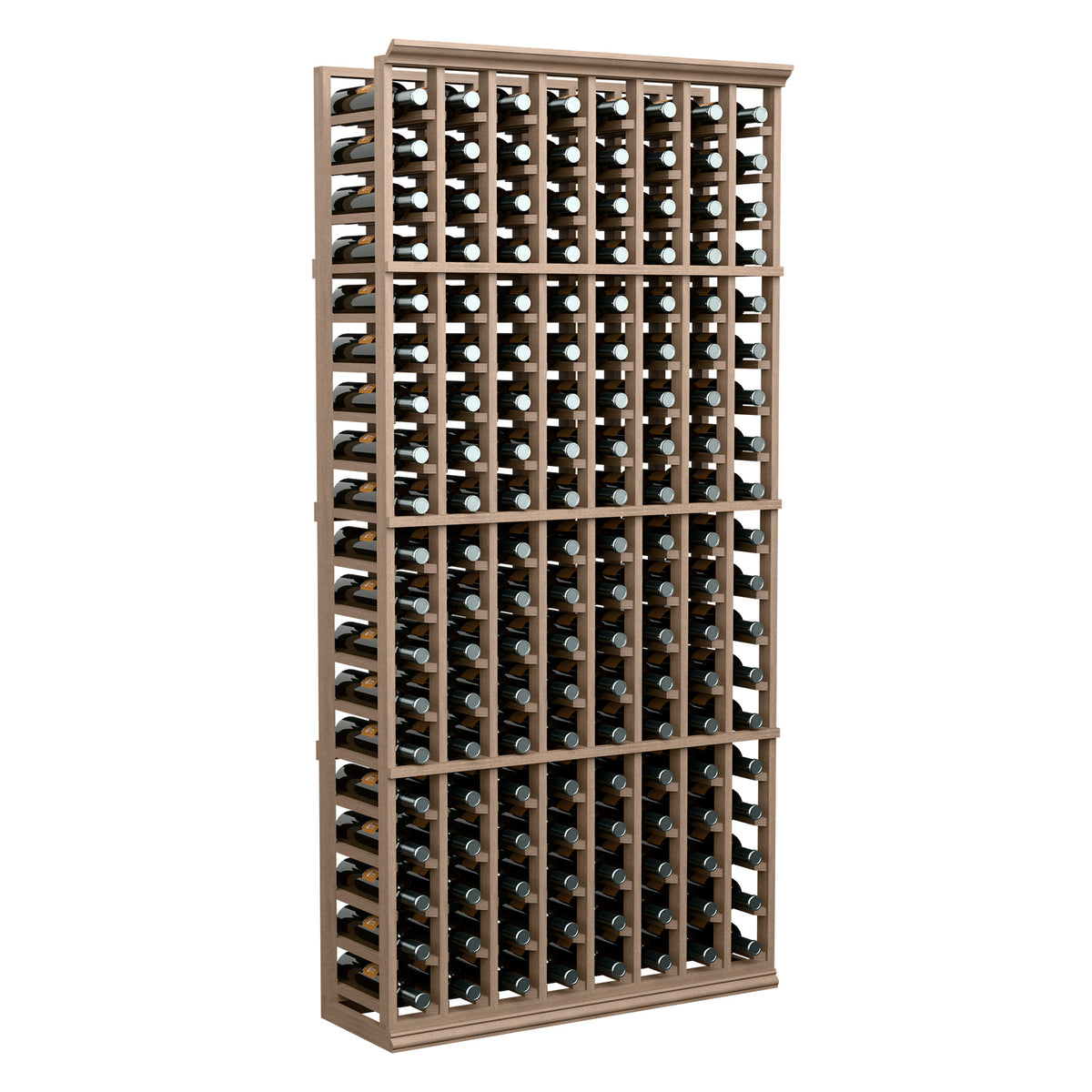 Tall light wood wine bottle display rack, full-height view with bottles