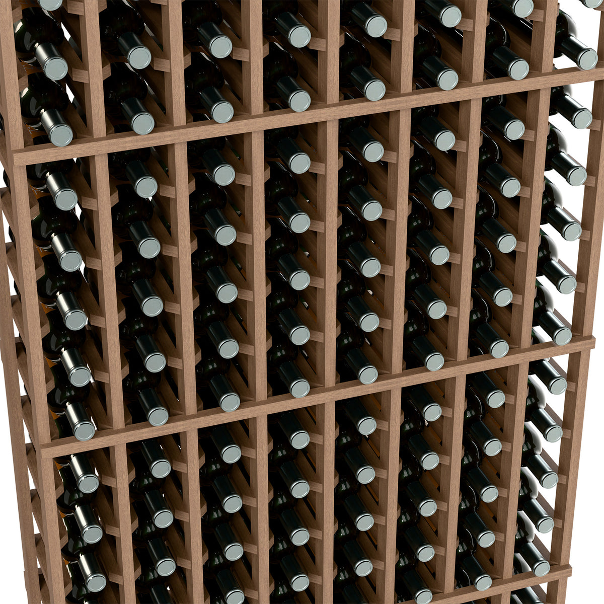 Light wood wine rack close-up with multiple bottle rows and silver caps