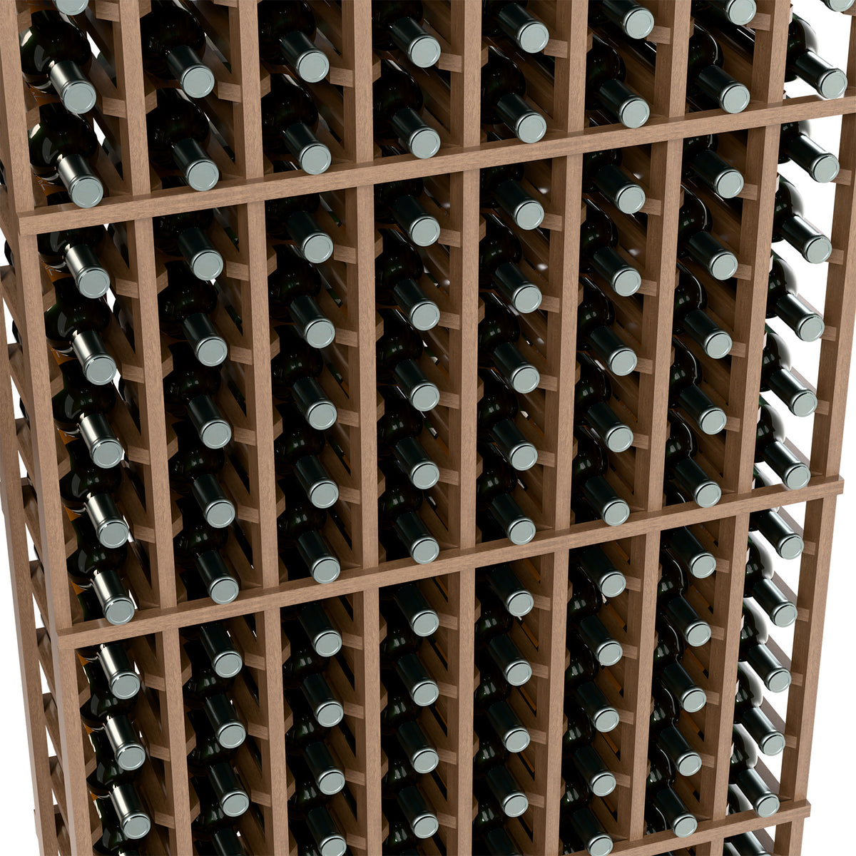 Light wood wine bottle rack close-up with evenly spaced bottle holders