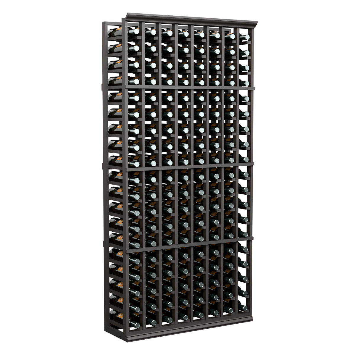 8-column wine bottle rack with black frame, front view filled with bottles