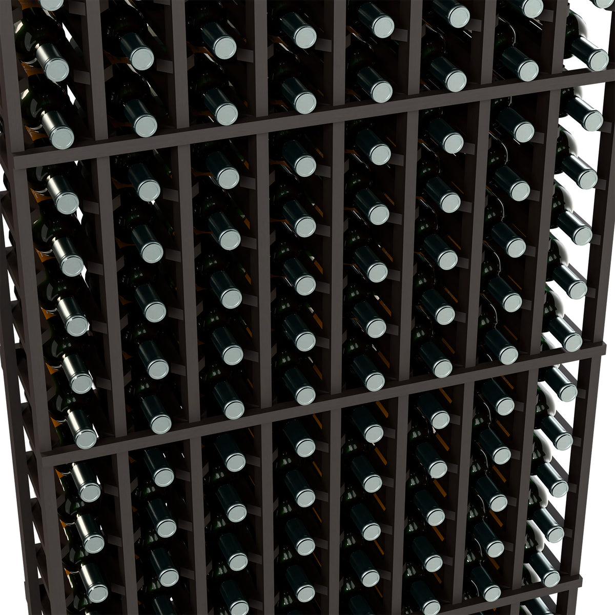 Black wine bottle rack close-up showing bottle necks in square grid slots