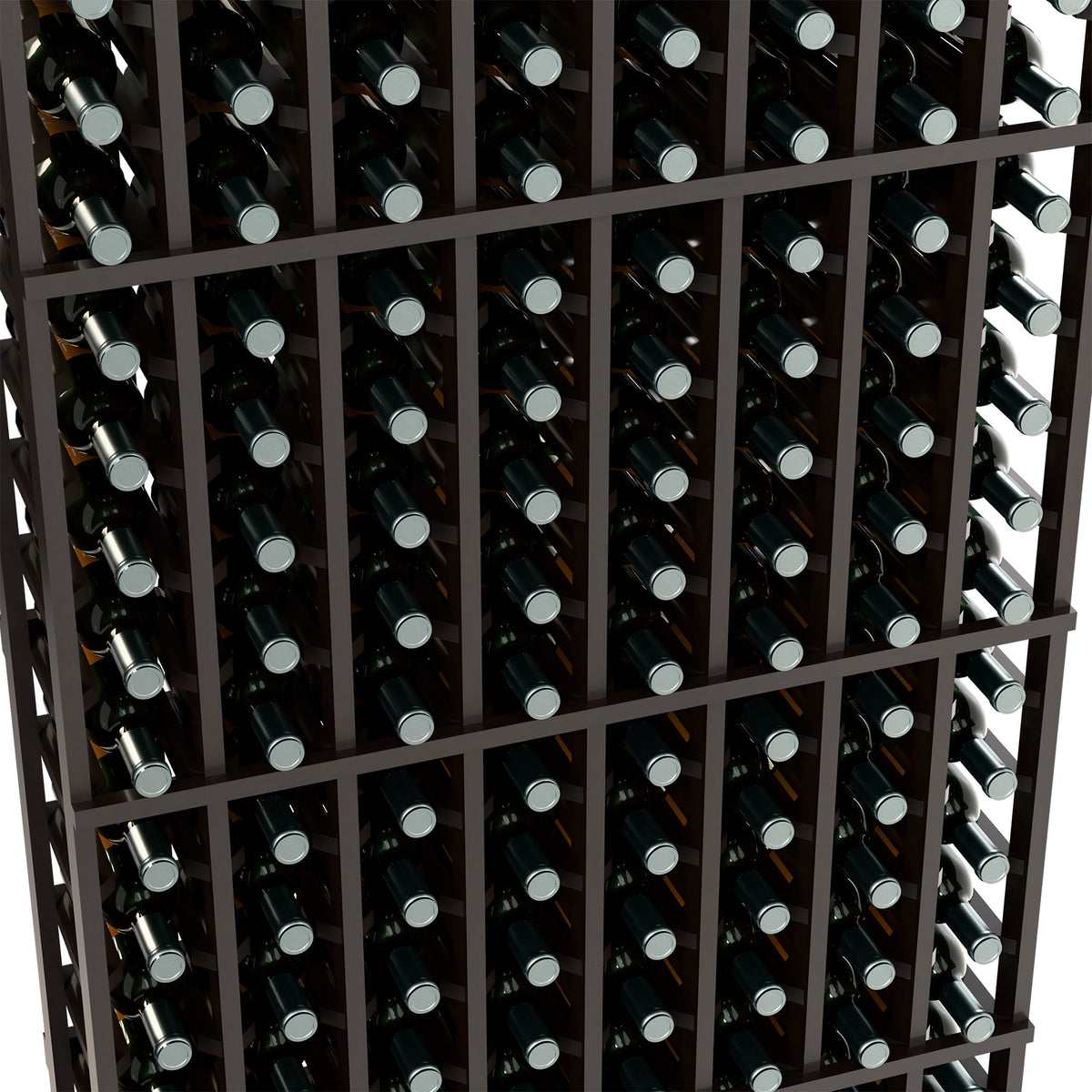 Black wine rack close-up with multiple rows of bottles and silver caps