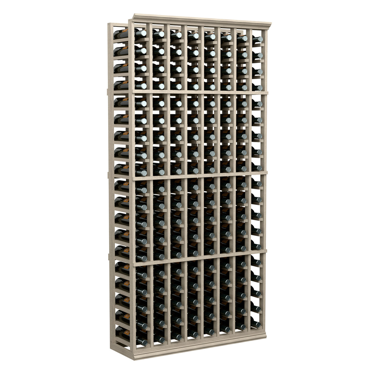 8-column 6-ft wooden wine bottle rack with dark bottles and silver caps, front view