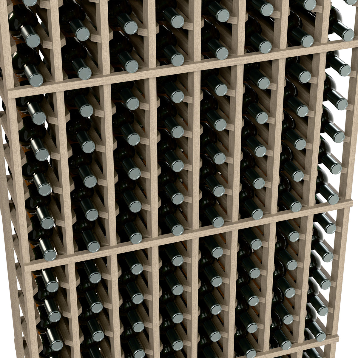 Close-up of 8-column 6-ft wooden wine rack with bottle necks in grid compartments